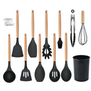 Küchenhelfer-Set Silikon hitzebeständig antihaftbeschichtet Kochutensilien-Set mit Holzgriff (Schwarz)