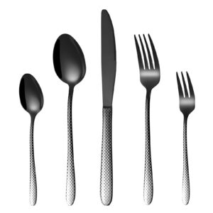 Besteck Set Schwarz 6 Personen HONKKU, Spülmaschinenfest, Edelstahl, Einzigartiges Laserpunktmuster, perfekt für Essenvi