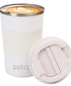 SUNTQ Thermo Kaffeebecher aus Edelstahl 380ml - Isoliert, Gummierte Manschette, Weiß - Wiederverwertbar, Kaffeetasse to