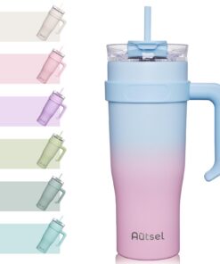 Autsel Doppelwandiger Edelstahl Vakuum Isolierbecher mit Strohhalm und Henkel für Autofahrer und Outdoor-Verbraucher auf