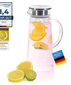 Glaskrug 1,5 Liter mit Filter & Edelstahl Deckel - Wasserkanne für heißes/kaltes Wasser, Eistee, Saft & Kaffee