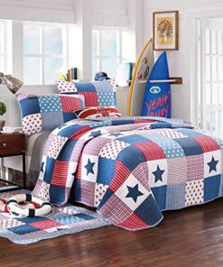 Lanqinglv Baumwoll Tagesdecke und Steppdecken Set 180x200cm Kinder Sterne Muster Patchwork Bettüberwurf Gesteppt Quilt