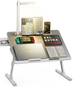 Hochwertiger SAIJI Laptoptisch Betttisch LED Lampe, verstellbare Höhe, Buchständer, Schublade, Lap Stopper & Tablet Sch
