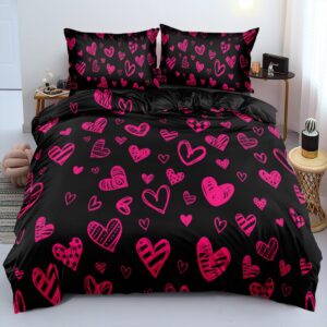 Luowei Bettwäsche 135x200 Mädchen Schwarz mit Rosa Herzen | Weich Kuschelig für Kinder | Microfaser 2teilig mit Reißvers