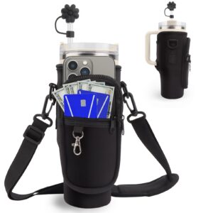 Stanley 40oz Flaschenträger, verstellbarer Gurt und Handytasche, Damen Sport Zubehör, Strohhalmddeckung, Schatten Schwar