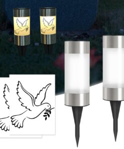 2er-Set Solar Grablicht mit Erdspieß & Taube Aufklebern - Wetterfest IP65 LED Grabkerze - Friedhofskerzen mit Automatisc