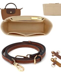 DAKLOP Cognacfarbener Longchamp Schultergurt + Reißverschluss Filz-Innentasche + Taschenorganizer für Longchamp Mini Duf