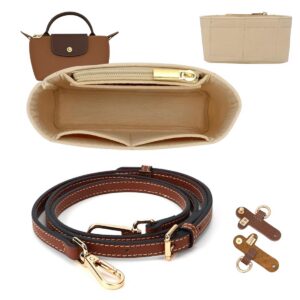 DAKLOP Cognacfarbener Longchamp Schultergurt + Reißverschluss Filz-Innentasche + Taschenorganizer für Longchamp Mini Duf
