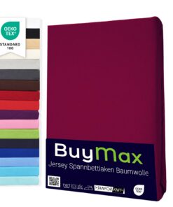 Buymax® Spannbettlaken Baumwolle 100% Oeko-Tex Standard 100, Matratzenhöhe bis 25 cm, Farbe Bordeaux, Jersey-Qualität