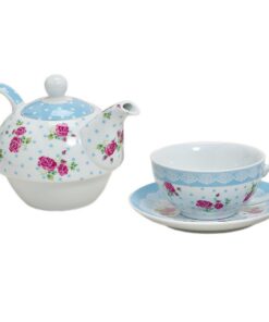Einzelteekanne-Set Porzellan 3-teilig mit Rosen- und Blumenmuster (Blau) für einen Becher Tee | Porzellan Einzelteekann