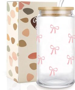 Vepbk Trinkgläser mit Deckel und Strohhalm für Eiskaffee Rosa | Vepbk Rosa Schleife Trinkgläser 500 ml für Bubble Tea |