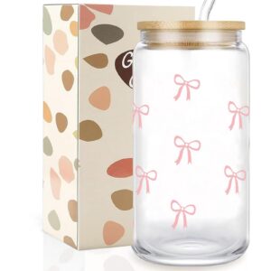 Vepbk Trinkgläser mit Deckel und Strohhalm für Eiskaffee Rosa | Vepbk Rosa Schleife Trinkgläser 500 ml für Bubble Tea |