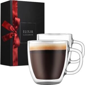 Elixir Glassware Großer Kaffeebecher Doppelwandiges Glas Zweier-Set 470 ml Spülmaschinen- und mikrowellengeeignet Durchs