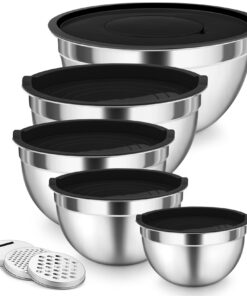 Onader Rührschüssel 5er Set - Edelstahl, Luftdichtem Deckel, Rei Bella, Spülmaschinenfest - Schwarz / 4,5L / 3L / 1,5L /