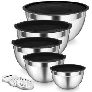 Onader Rührschüssel 5er Set - Edelstahl, Luftdichtem Deckel, Rei Bella, Spülmaschinenfest - Schwarz / 4,5L / 3L / 1,5L /