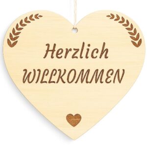 Familie Herzlich WILLKOMMEN Dekoschild Holzherz Geschenk für die Familie 10x10cm Spruch Holzschild
