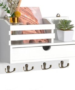 Schlüsselbrett Holz mit 4 Doppelhaken & Schublade - Weiß für Flur & Eingang