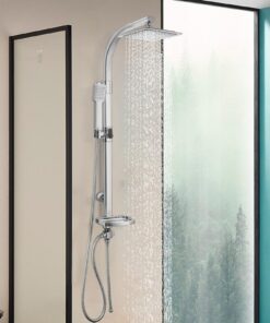 Edelstahl Regendusche mit Handbrause für Badezimmer - Duschsystem mit Ablage und Duschstange, 20x20cm, Chrom