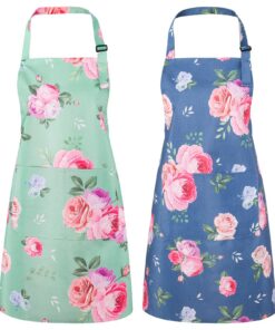 2 Stück Damen Kochschürze mit Blumenmuster, Wasserdichte Schürze mit großen Taschen für Grillen und Kochen, perfekt für