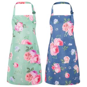 2 Stück Damen Kochschürze mit Blumenmuster, Wasserdichte Schürze mit großen Taschen für Grillen und Kochen, perfekt für