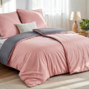 Aisbo Bettwäsche 135x200 4teilig Rosa/Grau - Weich Mikrofaser Bettwäsche Set für Wendebette mit Reißverschluss OEKO-TEX
