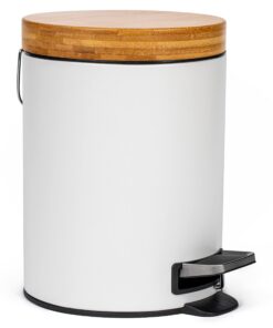 Kazai® 5L Bad-Mülleimer | Bambus-Holzdeckel mit Absenkautomatik & Pedal | Weiß Anti-Fingerabdruck