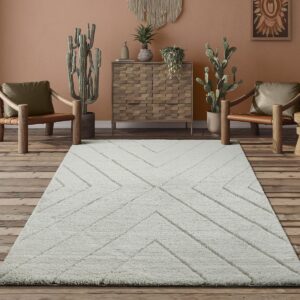 The Carpet Bahar Shaggy Designer Teppich Wohnzimmer Weicher & Pflegeleicht Hochflor Creme-Raute 80x150 cm