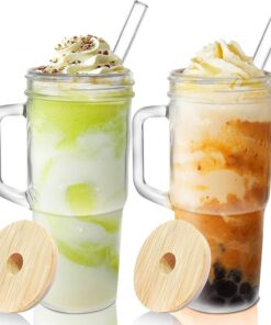 **DeckelbecherglasＸ2 - 680ml T OutputStreamglas mit Strohhalmen für Kaffee, Smoothie, Cocktail und Whiskey mit Griff**