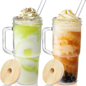 Kaffeeglasbecher mit Deckel und Strohhalmen – 680 ml Trinkbecher mit Griff, wiederverwertbar für Eiskaffee, Smoothie, Ma