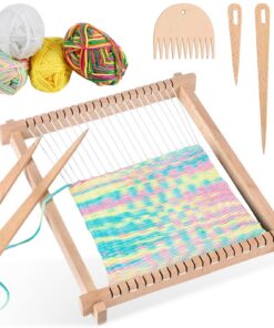 Xinxinphi Holz Webstuhl Set DIY mit Farbiger Wolle & Zubehör, Webrahmen 24 x 28cm, Schulwebstuhl für Erwachsene & Schüle