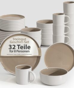 Hausfelder Steingut Geschirrset 8 Personen 32-teilig – spülmaschinenfest Modern Shadow Stone