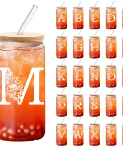 DETENE 550ML Monogrammierte Glasbecher mit Deckel und Strohhalm für Frauen und Männer zum Geburtstag (M) DETENE 550ML