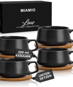 MIAMIO - 4 x 320 ml Kaffeetassen mit Unterteller elegant und modern - Luxe Kollektion Schwarz MIAMIO - 4er Kaffeetassen
