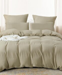 WONGS BEDDING 100% Baumwoll Musselin Bettwäsche Hellbraun Knitterlook Bügelfrei 135x200 Mit Kissenbezügen OEKO-TEX