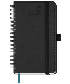 BEZEND Taschenkalender 2026 - Schwarz | Terminplaner 80 g/m² Papier 1 Woche 2 Seiten | Kleines Ringbuch 15,5 x 9 cm - Wo