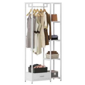 DlandHome Kleiderständer Weiß für Wohnzimmer und Schlafzimmer mit Schuhregalen & Taschen
