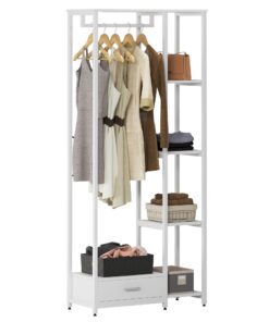 DlandHome Kleiderständer Weiß für Wohnzimmer und Schlafzimmer mit Schuhregalen & Taschen