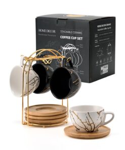 HOME DECOR Keramik Cappuccino Tassen 4er Set - Metallständer incl. | Stapelbar | 220ml | Kaffeeliebhaber | Cappuccino, L