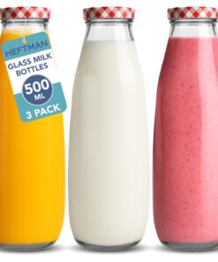 HEFTMAN Glas-Milchflaschen 500 ml Set mit 3, luftdicht mit rotem Gingham-Deckel, Retro für Hochzeiten & Dekor