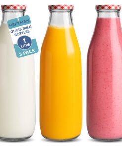 HEFTMAN Glas Milchflaschen 1 Liter luftdicht mit rotem Gingham-Deckel Retro für Hochzeiten & Grillabende