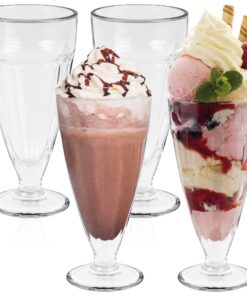 Retro American Diner Eisbecher Set – 4x 350 ml Milchshake-Gläser spülmaschinenfest – Klassisches klare Design für Desser