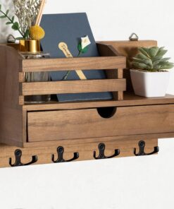 Irayin Braun Schlüsselbrett Holz mit 4 Doppel Schlüsselhaken & Ablage & Schublade, Wandmounted Schlüsselboard für Eingan