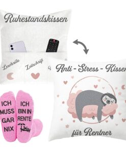 Renteneintritt Geschenkset Frau | Ruhestandskissen 1 Paar | Doppelseitige Zierkissenbezüge Mit 3 Taschen