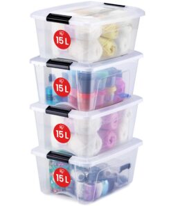 Iris Ohyama Aufbewahrungsboxen mit Deckel 15L 4er-Set BPA-frei Transparent Organisation Verschlussclips
