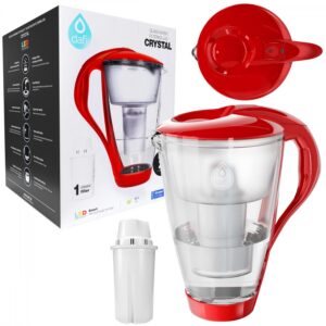 Dafi Crystal LED Wasserfilterkanne Rot | Kalk, Chlor & Blei reduziert | 2,0L Glas-Jug mit Filterkartusche & LED-Sensor |