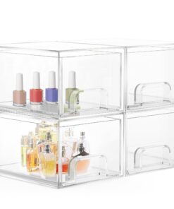 4er Set Stapelbare Acryl Badschrank Organizer Boxen mit 32 rutschfesten Matten – Ideal für Bad, Schlafzimmer & Schreibti