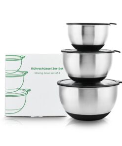 Wundermix 3 Edelstahl Rührschüsseln mit Deckel 1,5l, 3l, 5l • Stapelbar & rutschfest •