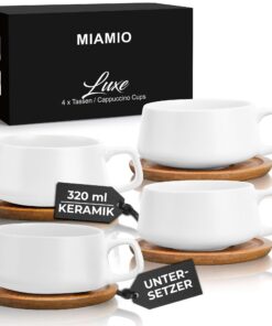 MIAMIO - 4 x 320 ml Kaffeetassen mit Unterteller - elegant und modern - Luxe Kollektion 4er Set (Weiß) MIAMIO - 4 x 32