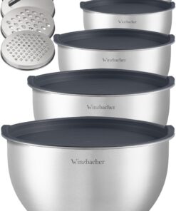 Winzbacher Edelstahl Rührschüssel mit Deckel 5er Set 1l + 1.5l + |5l + |5l + |5l | Spülmaschinenfest + rutschfest + stap