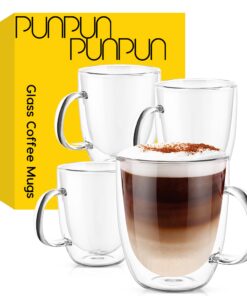 PunPun Thermoglas-Kaffeetassen Große Klare 4-Er-Set für Möhren, Doppelwandige Isolierte Glasbecher Mit Griff, 500ml Ther